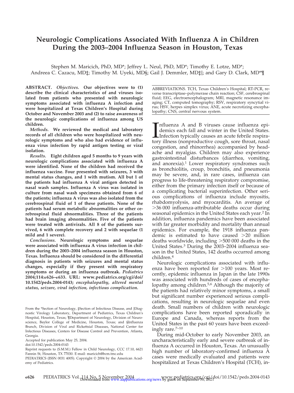 Neurologic Complications Associated with Influenza a in Children During the 2003–2004 Influenza Season in Houston, Texas