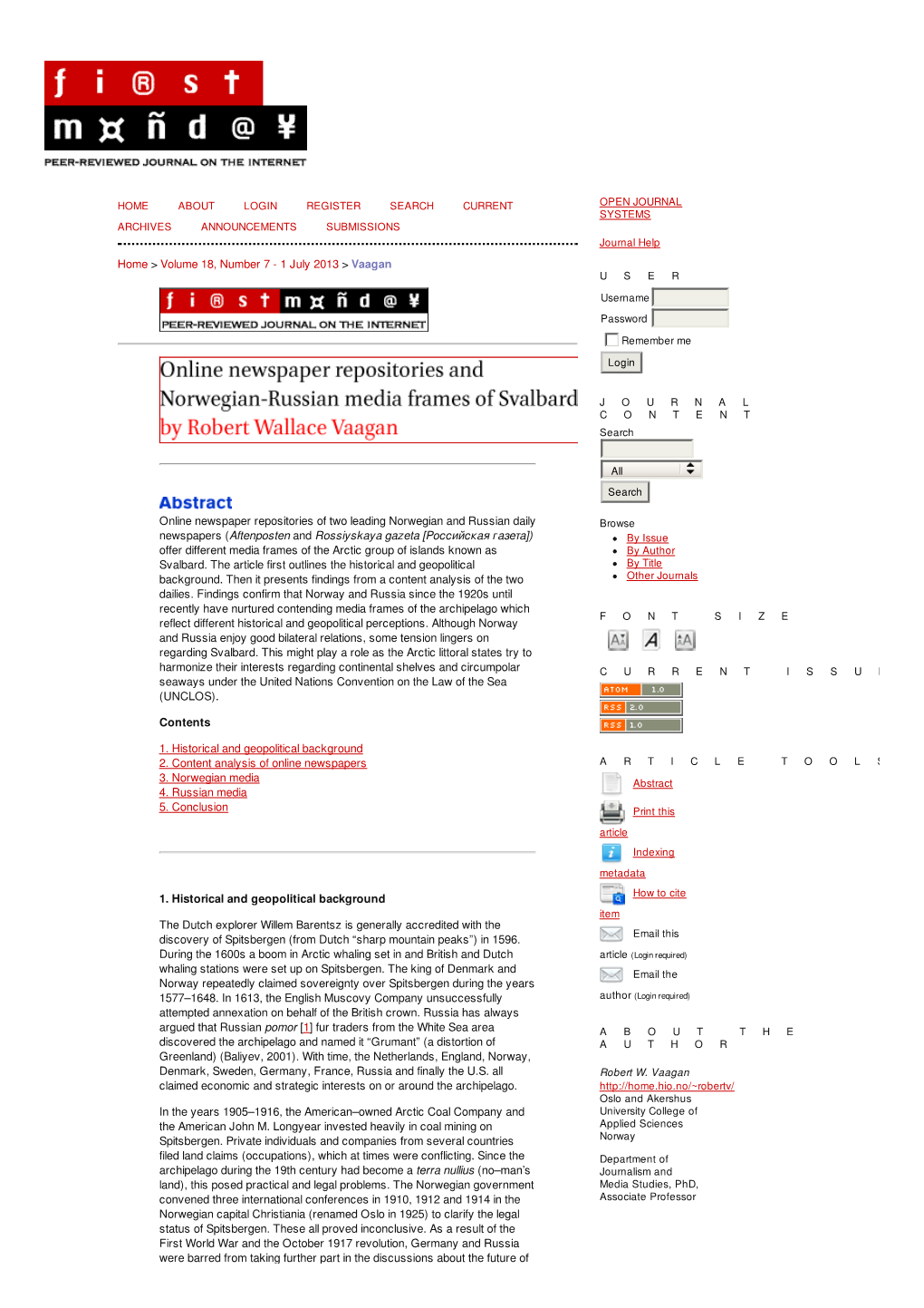 Online Newspaper Repositories and Norwegian-Russian Media Frames of Svalbard | Vaagan | First Monday