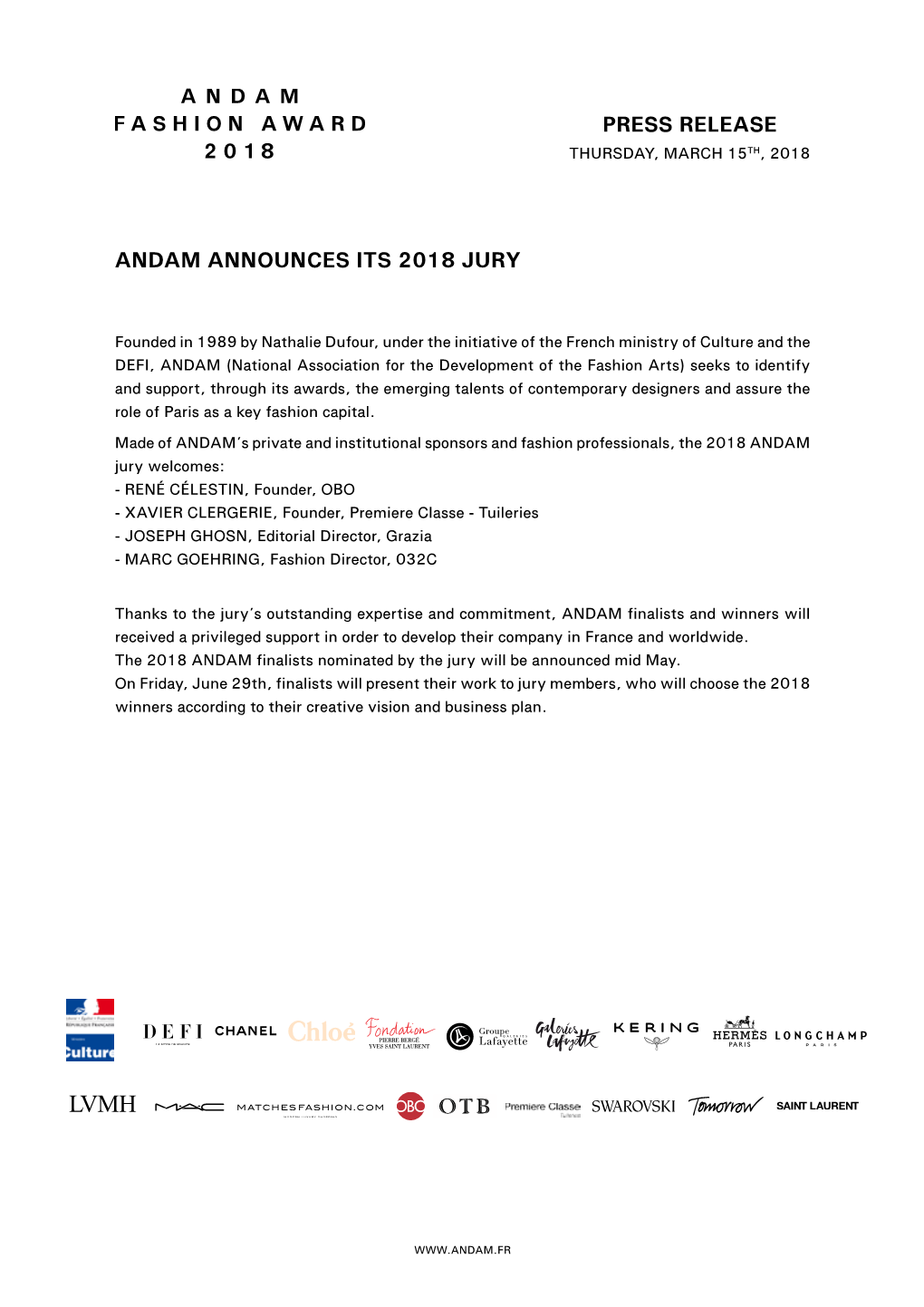 Press Release Andam Announces Its 2018 Jury