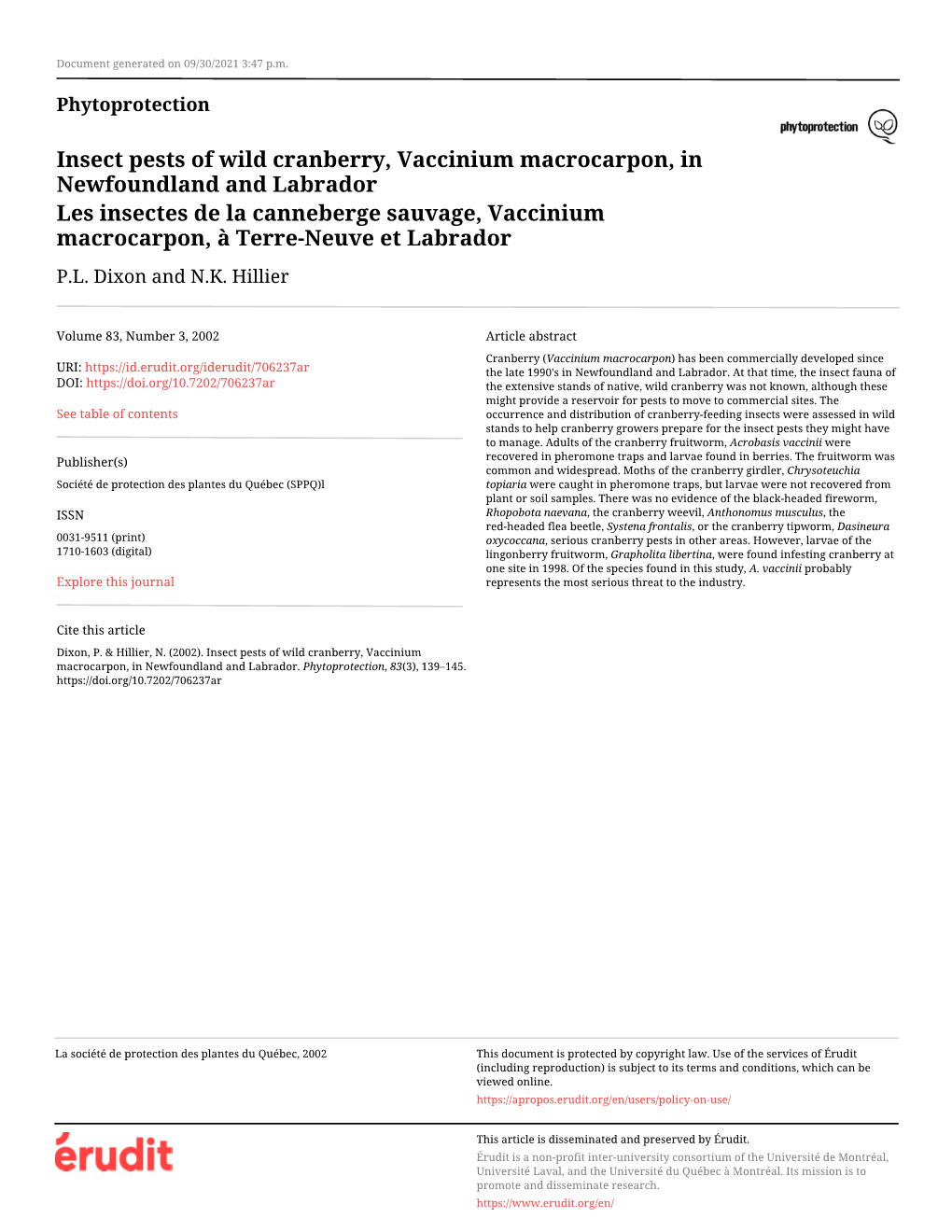 Insect Pests of Wild Cranberry, Vaccinium Macrocarpon, In