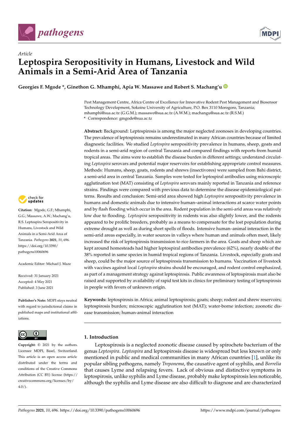 Leptospira Seropositivity in Humans, Livestock and Wild Animals in a Semi-Arid Area of Tanzania