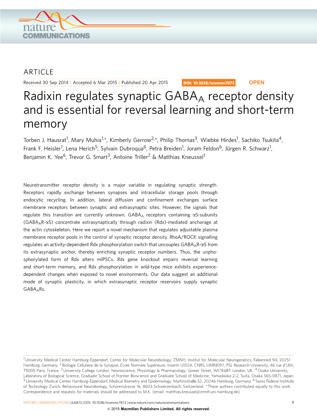 Radixin Regulates Synaptic GABAA Receptor Density and Is Essential for Reversal Learning and Short-Term Memory