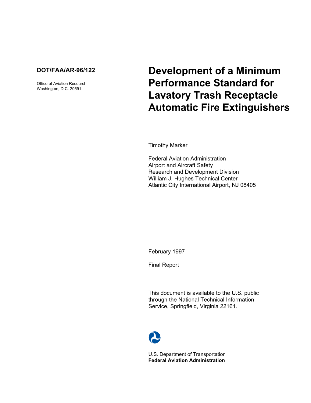 Development of a Minimum Performance Standard for Lavatory Trash Receptacle Automatic Fire Extinguishers