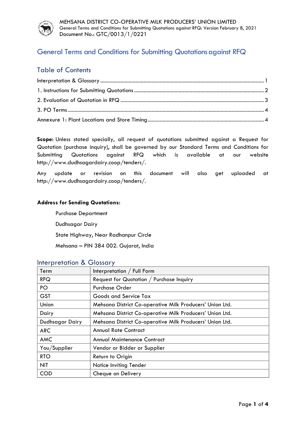 General Terms and Conditions for Submitting Quotationsagainst