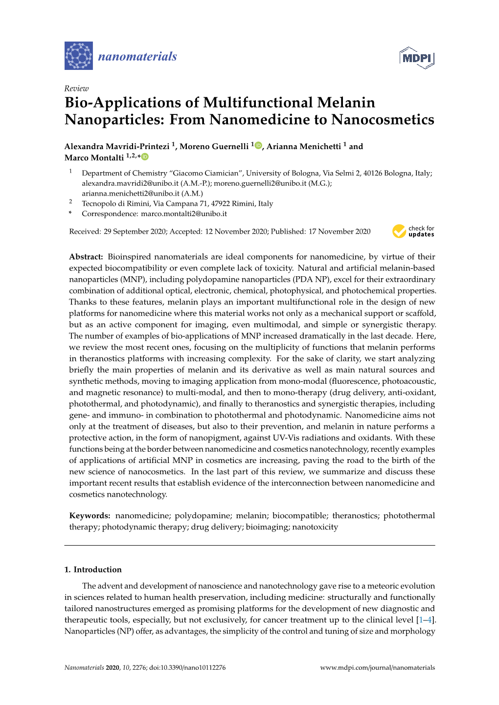 Bio-Applications of Multifunctional Melanin Nanoparticles: from Nanomedicine to Nanocosmetics