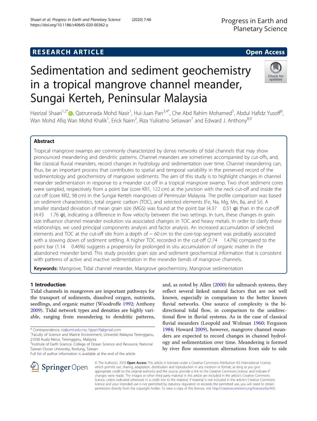 Sedimentation and Sediment Geochemistry in a Tropical