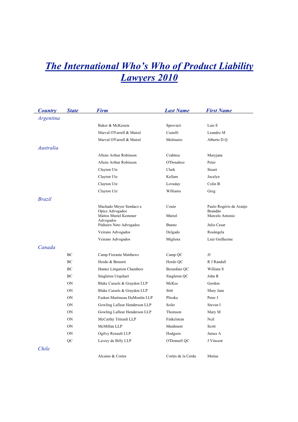 The International Who's Who of Product Liability Lawyers 2010