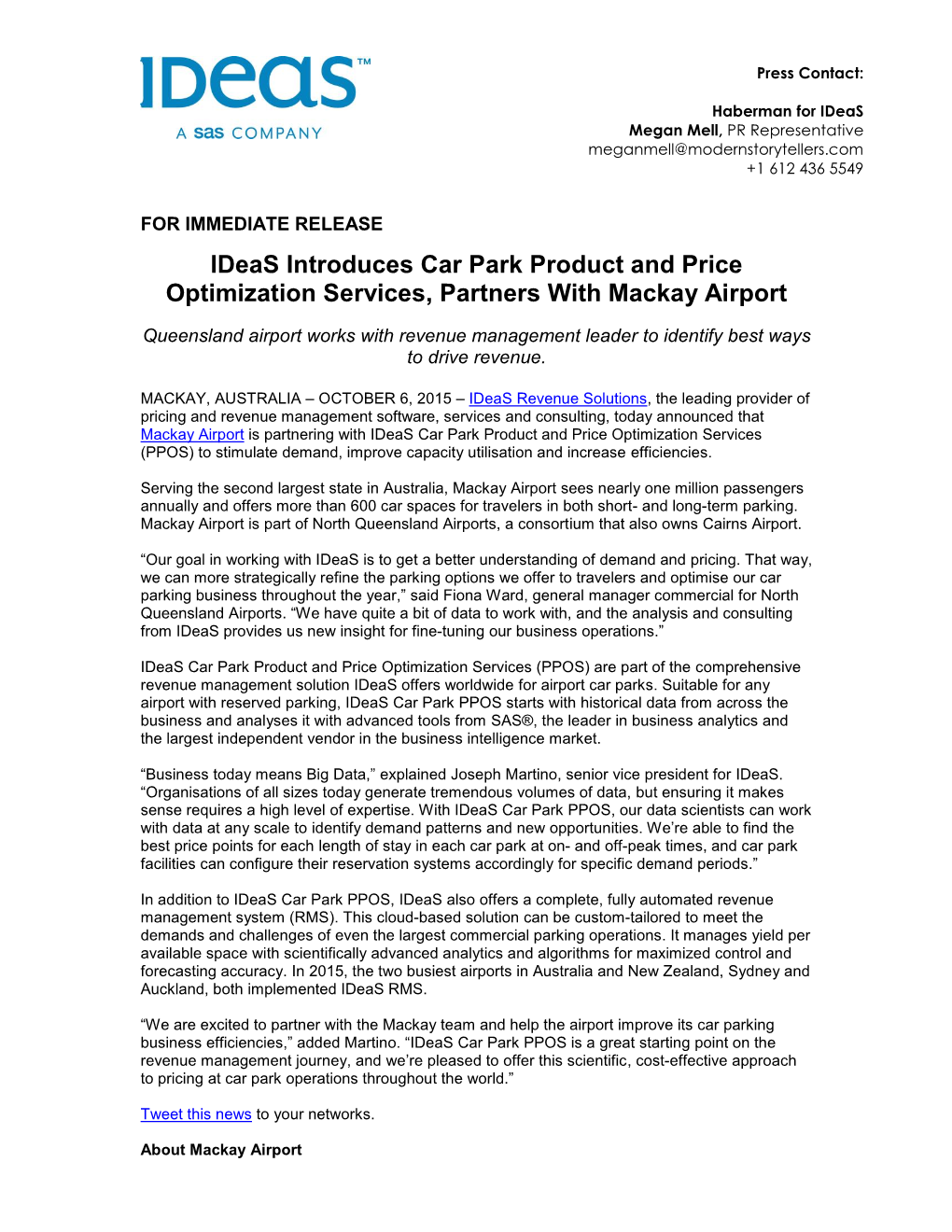 Ideas Introduces Car Park Product and Price Optimization Services, Partners with Mackay Airport