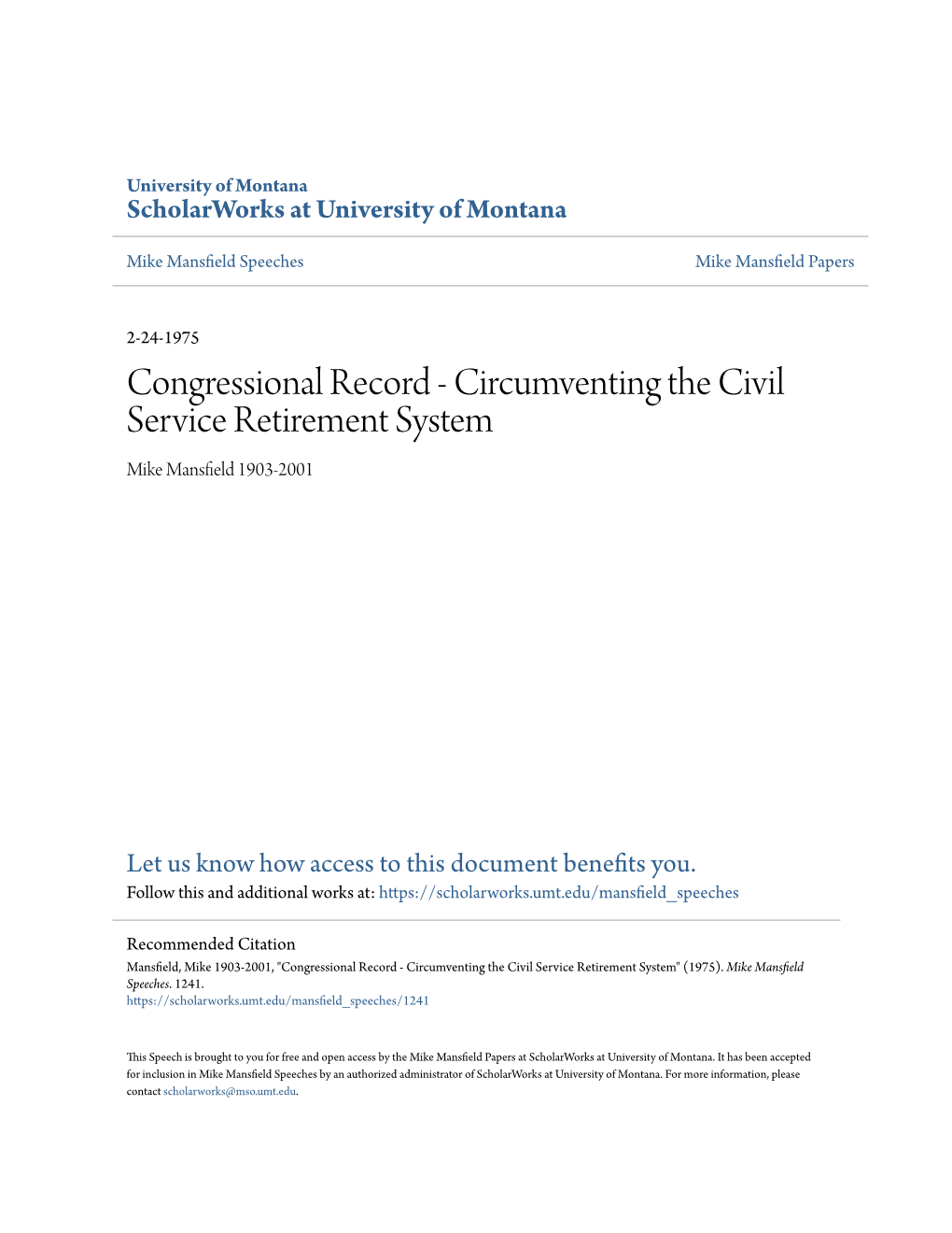 Congressional Record - Circumventing the Civil Service Retirement System Mike Mansfield 1903-2001