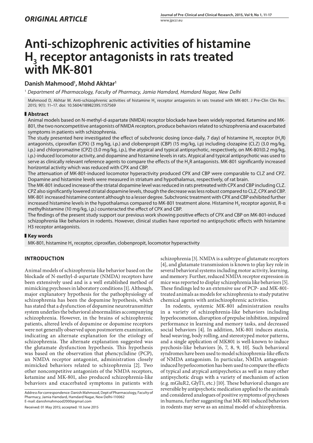 Anti-Schizophrenic Activities of Histamine H Receptor Antagonists in Rats Treated with MK-801