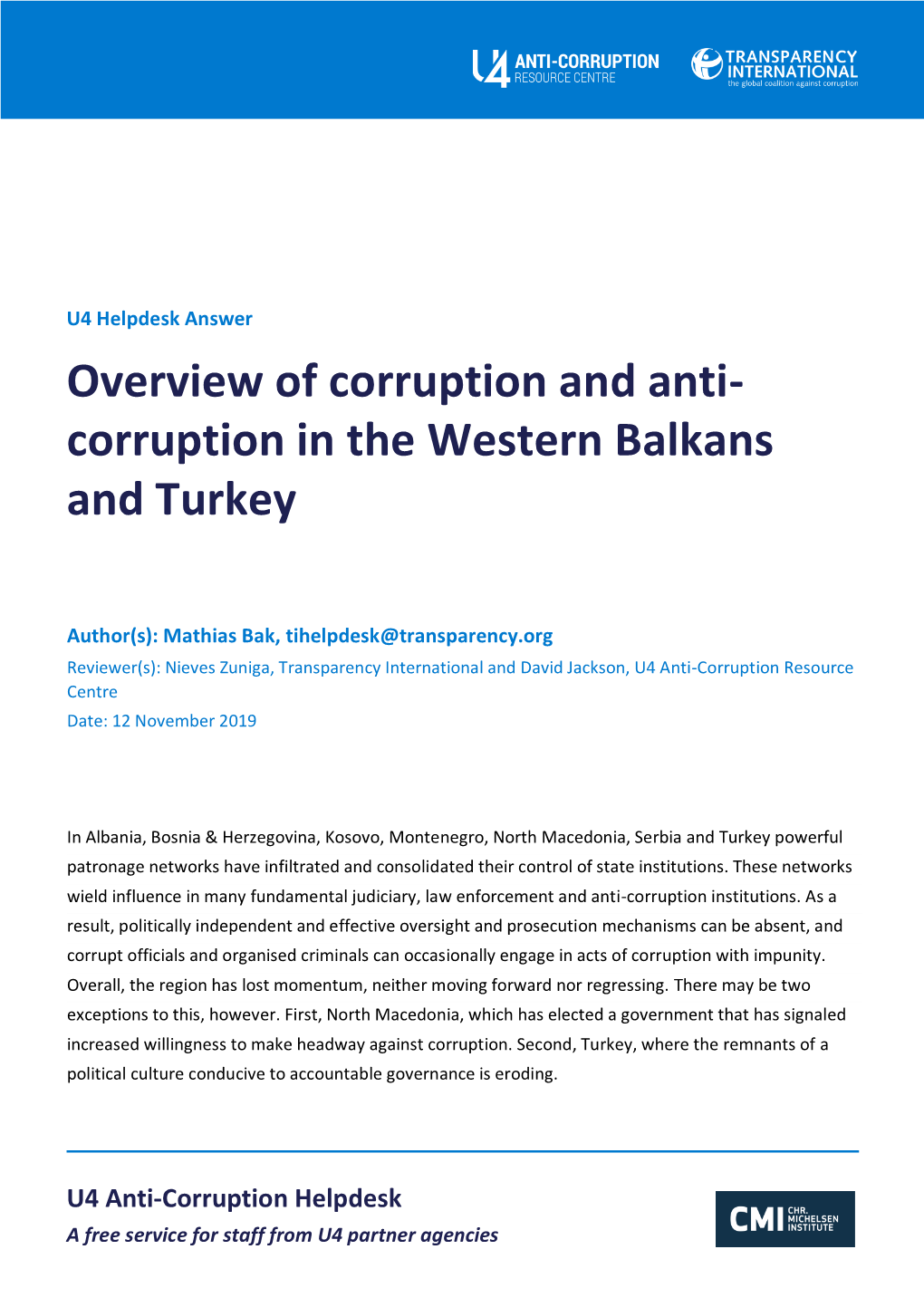 Corruption in the Western Balkans and Turkey