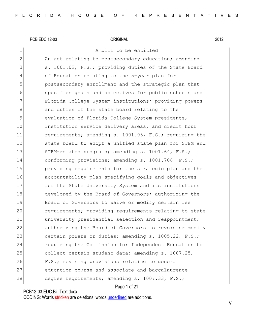 Words Underlined Are Additions. V Page 1 of 21 a Bill to B