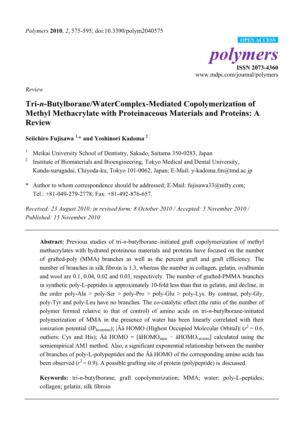 Tri-N-Butylborane/Watercomplex-Mediated Copolymerization of Methyl Methacrylate with Proteinaceous Materials and Proteins: a Review