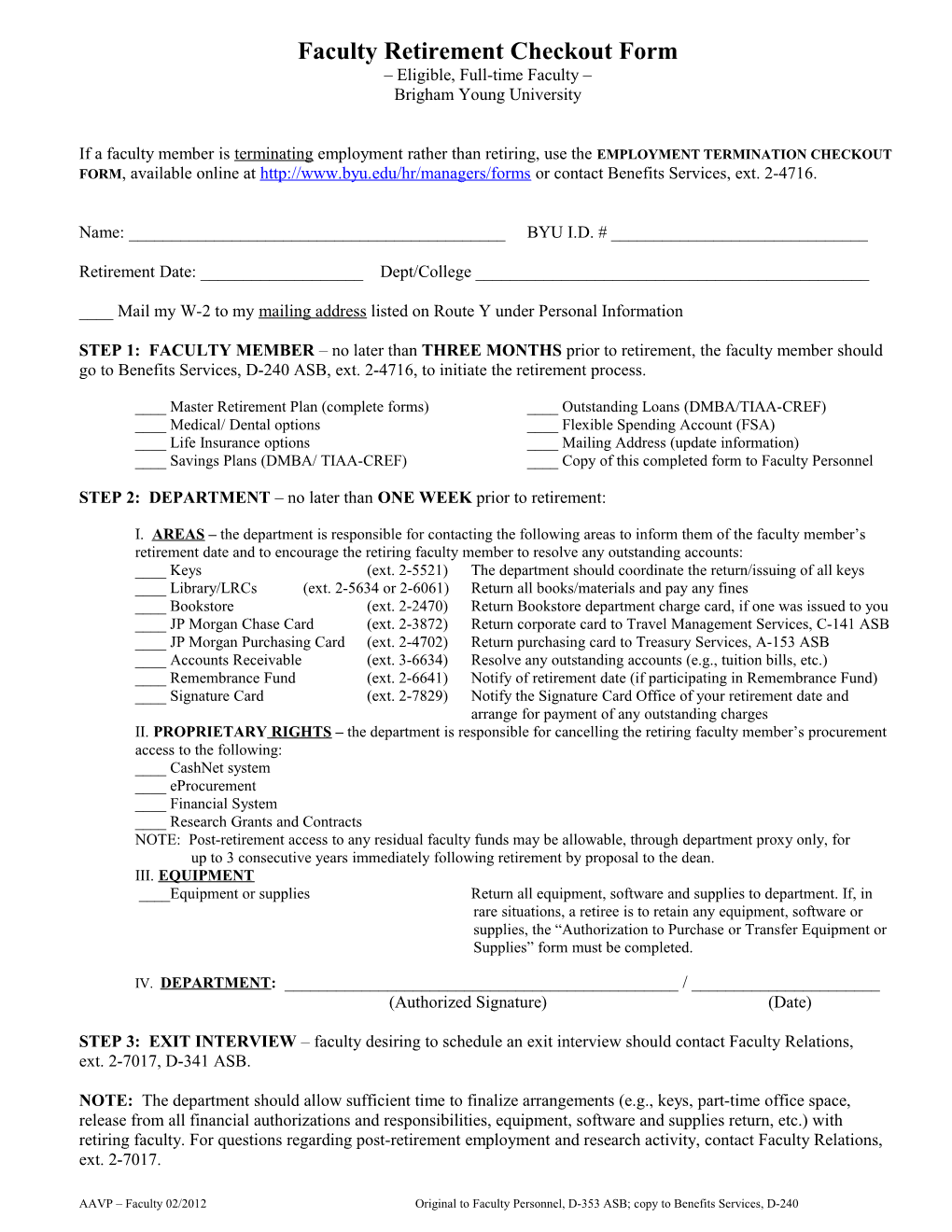 Faculty Retirement Checkout Form