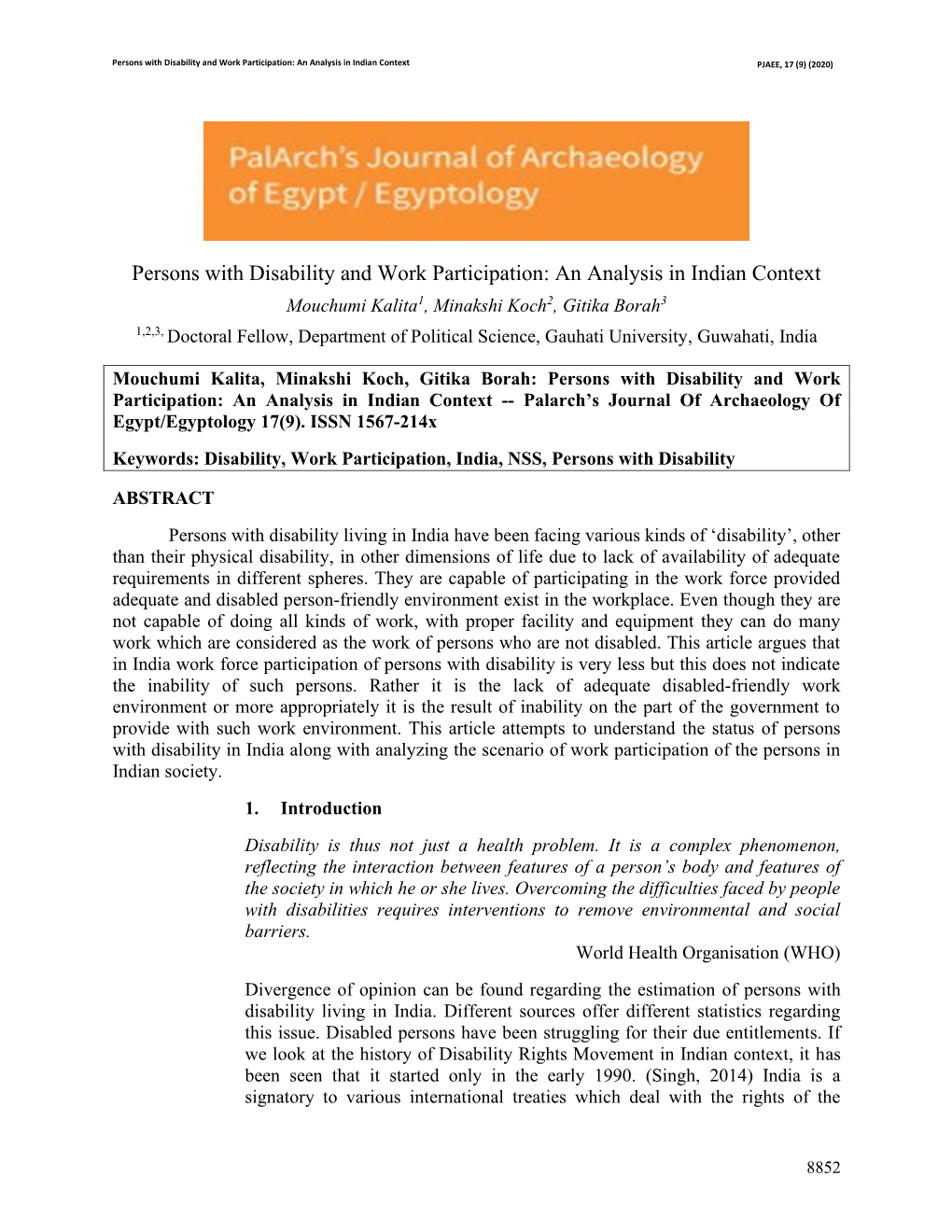 Persons with Disability and Work Participation: an Analysis in Indian Context PJAEE, 17 (9) (2020)