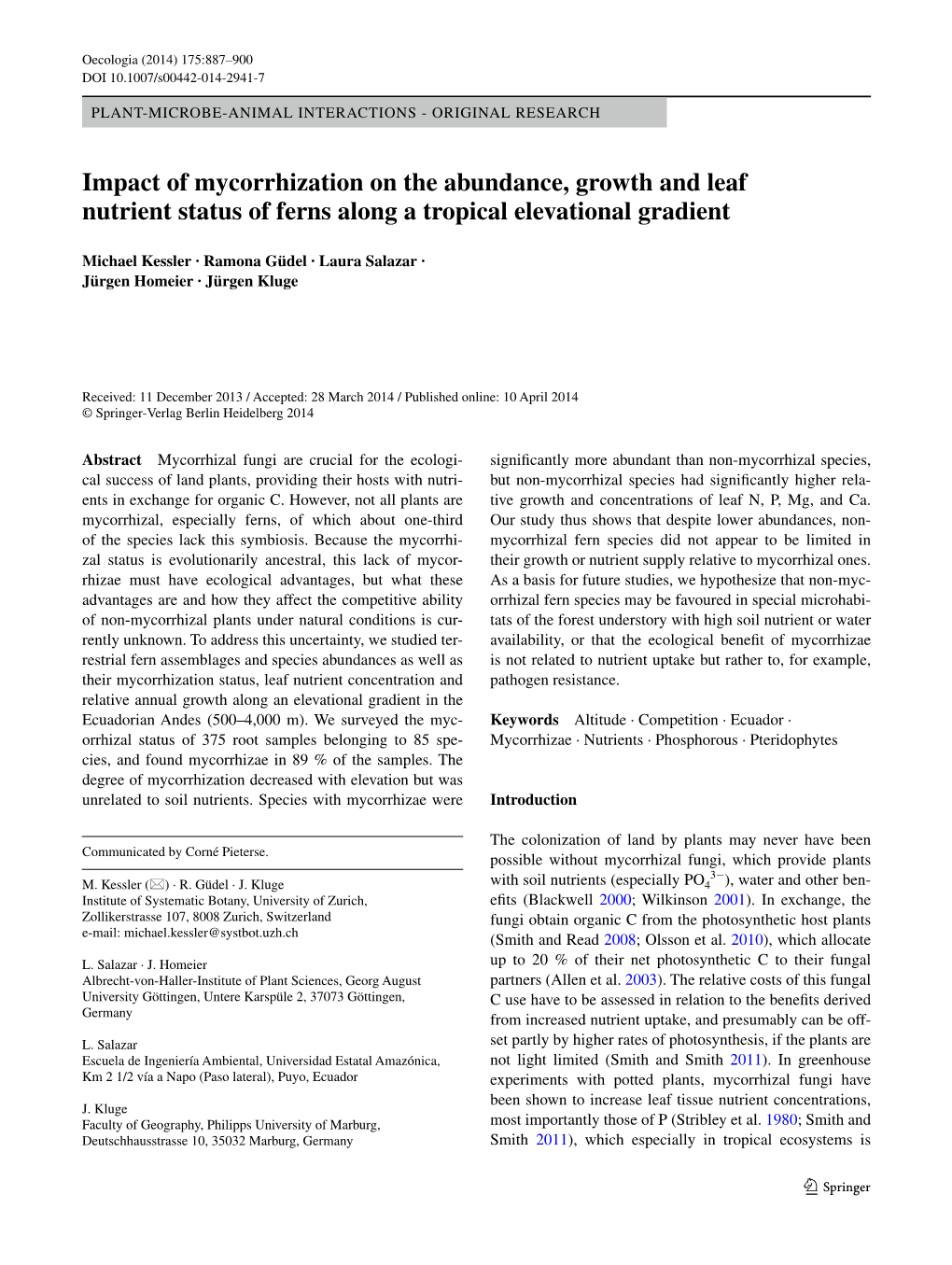 Impact of Mycorrhization on the Abundance, Growth and Leaf Nutrient Status of Ferns Along a Tropical Elevational Gradient