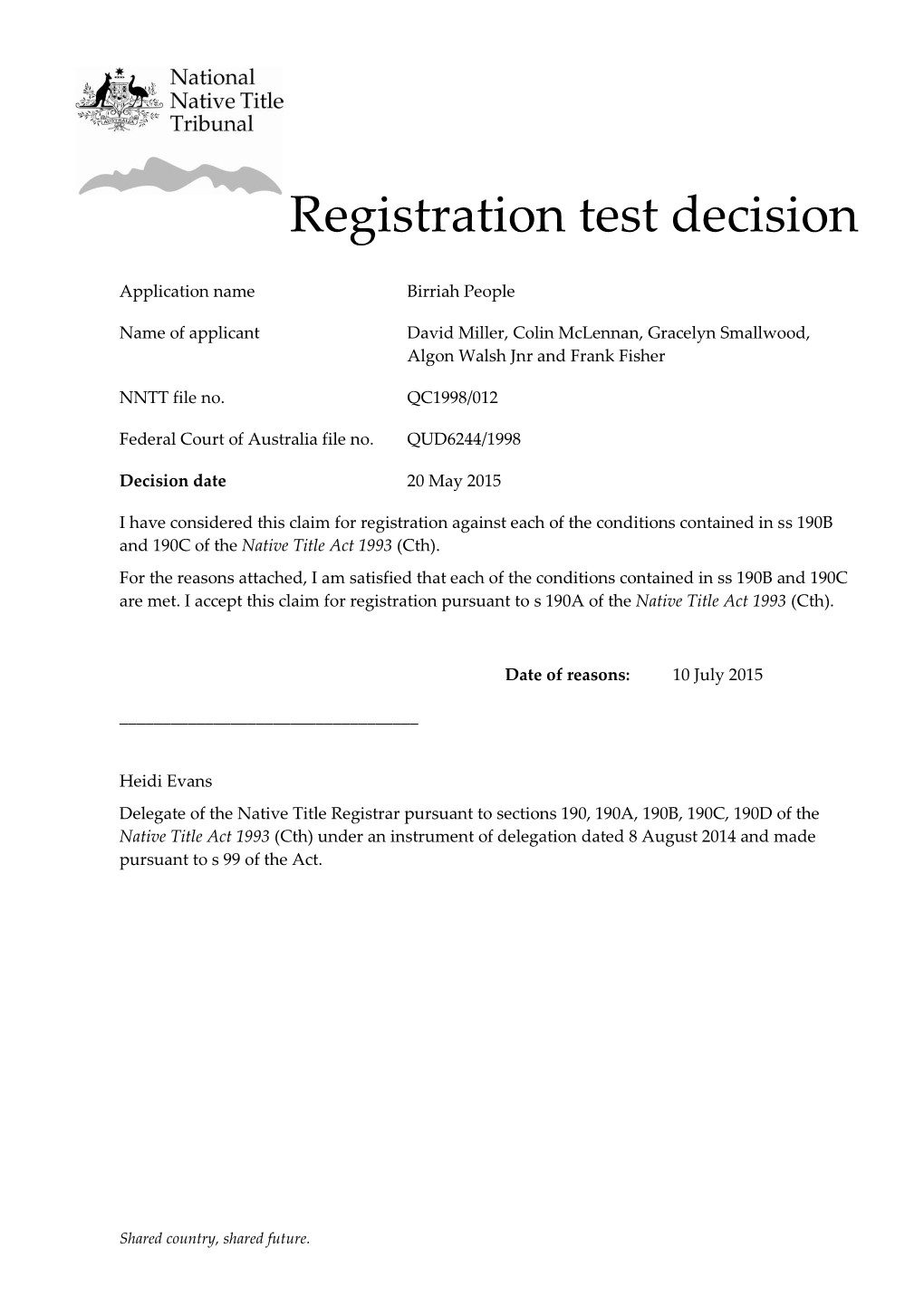 Registration Test Decision