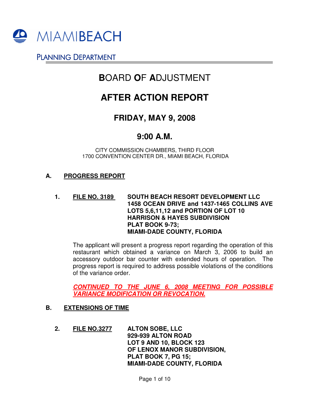 Board of Adjustment After Action Report May 9, 2008