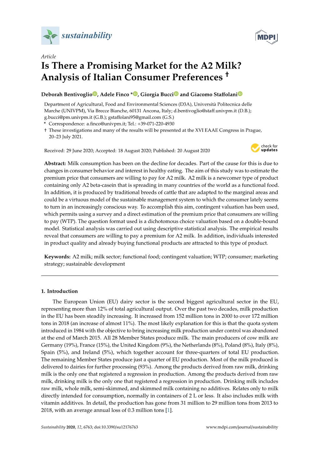 Is There a Promising Market for the A2 Milk? † Analysis of Italian Consumer Preferences
