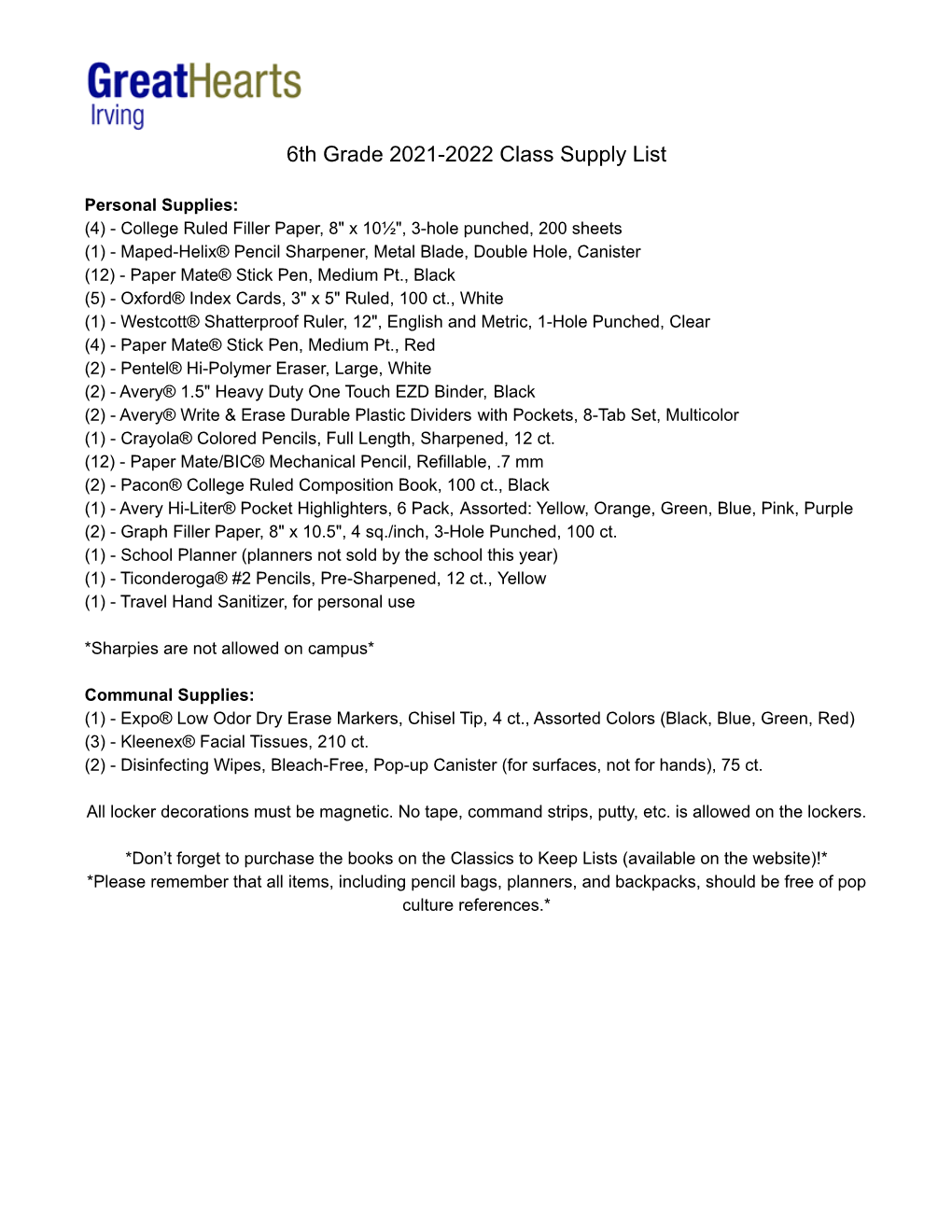 6Th-12Th Grade Class Supply Lists 2021-2022