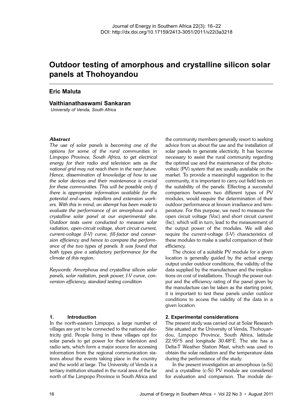 Outdoor Testing of Amorphous and Crystalline Silicon Solar Panels at Thohoyandou