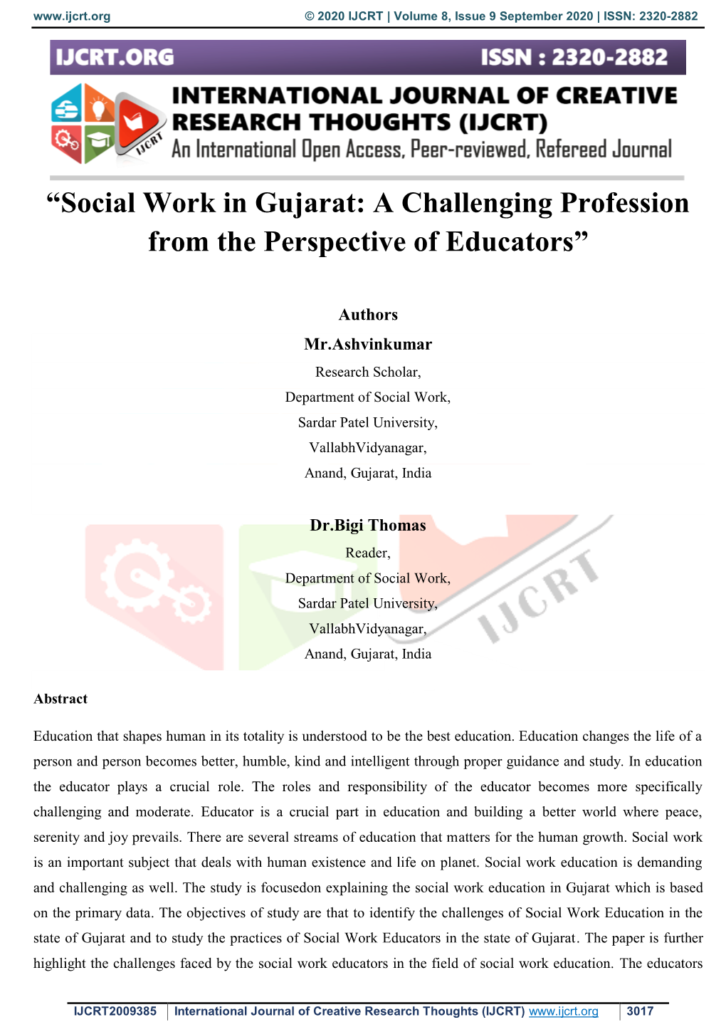 Social Work in Gujarat: a Challenging Profession from the Perspective of Educators”