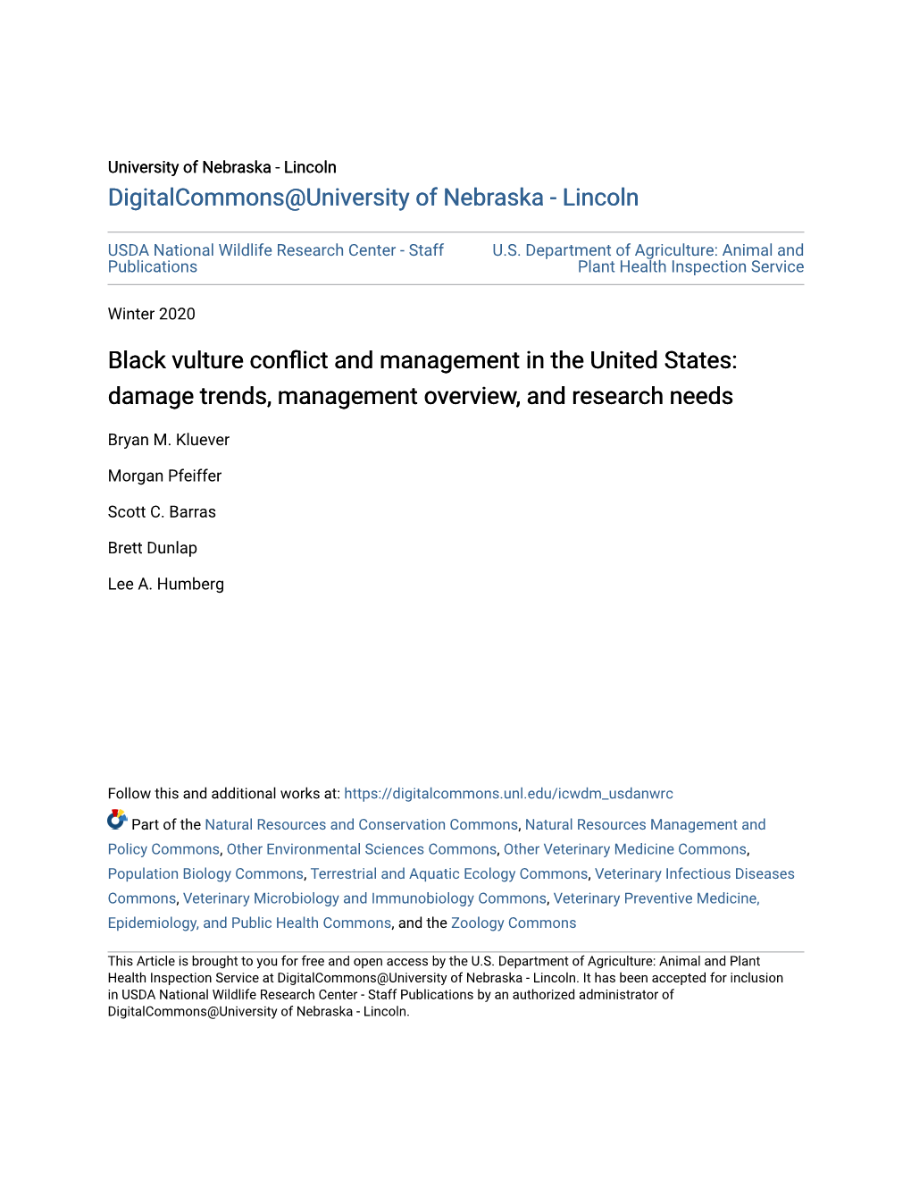 Black Vulture Conflict and Management in the United States: Damage Trends, Management Overview, and Research Needs