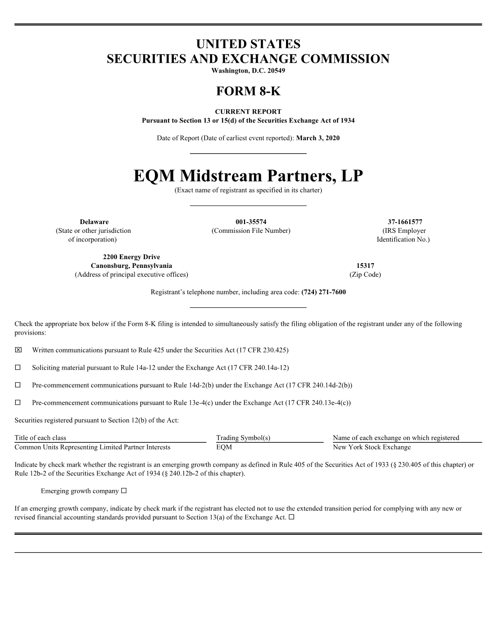 EQM Midstream Partners, LP (Exact Name of Registrant As Specified in Its Charter)