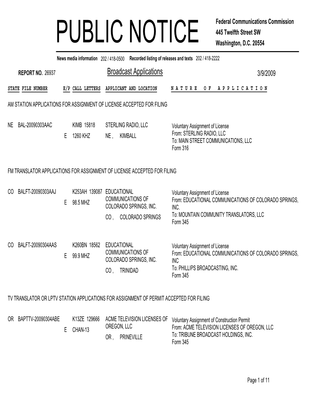 Broadcast Applications 3/9/2009