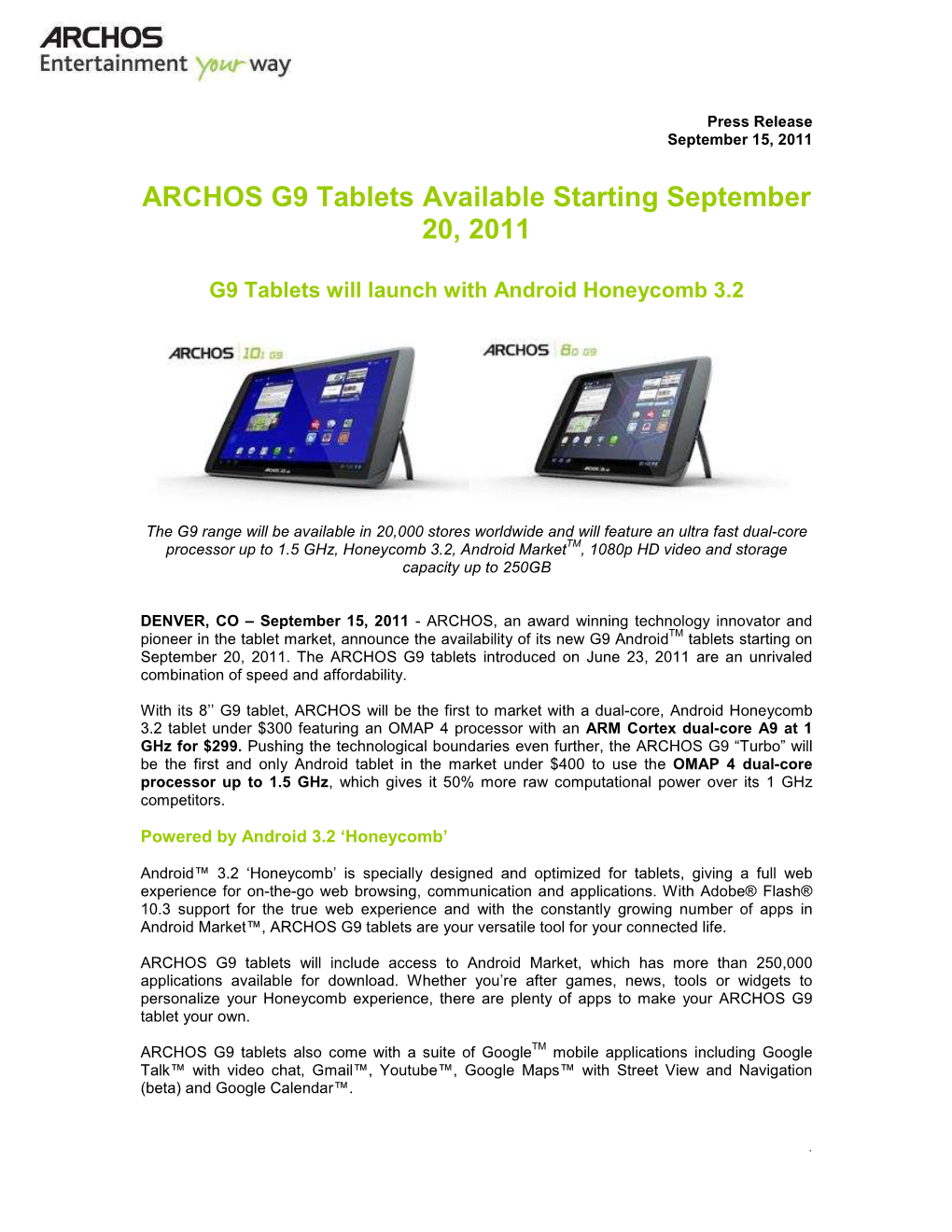 ARCHOS G9 Tablets Available Starting September 20, 2011