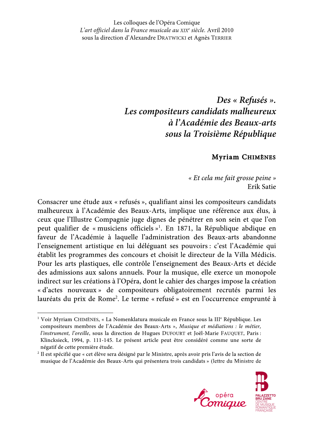 Des « Refusés ». Les Compositeurs Candidats Malheureux À L'académie Des Beaux-Arts Sous La Troisième République