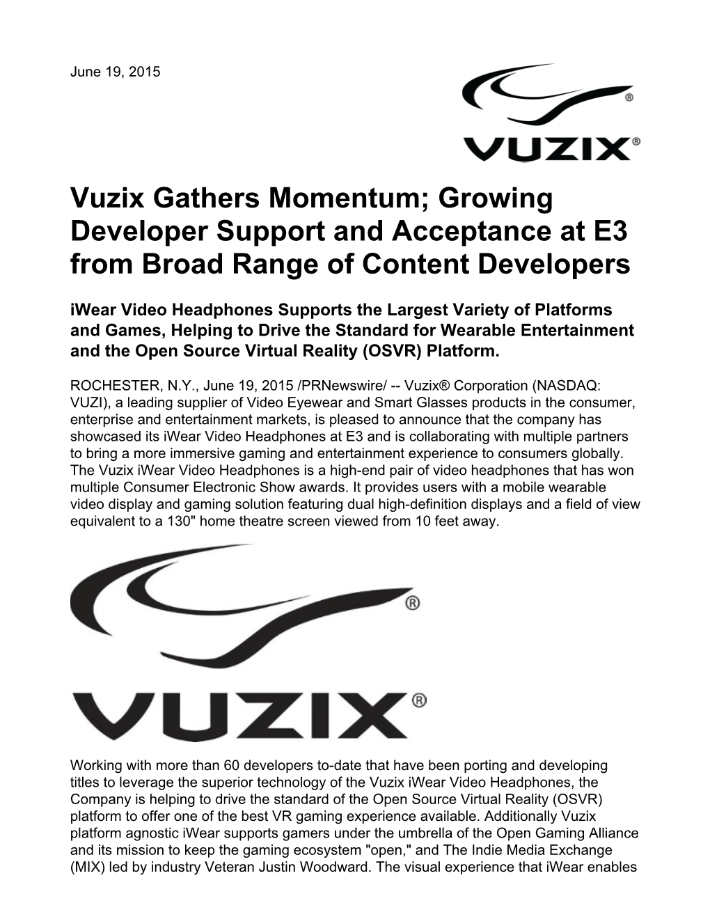 Vuzix Gathers Momentum; Growing Developer Support and Acceptance