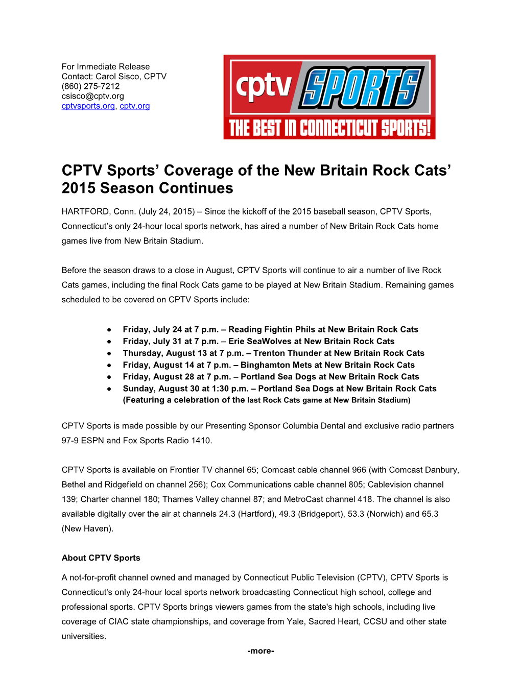 CPTV Sports' Coverage of the New Britain Rock Cats' 2015 Season