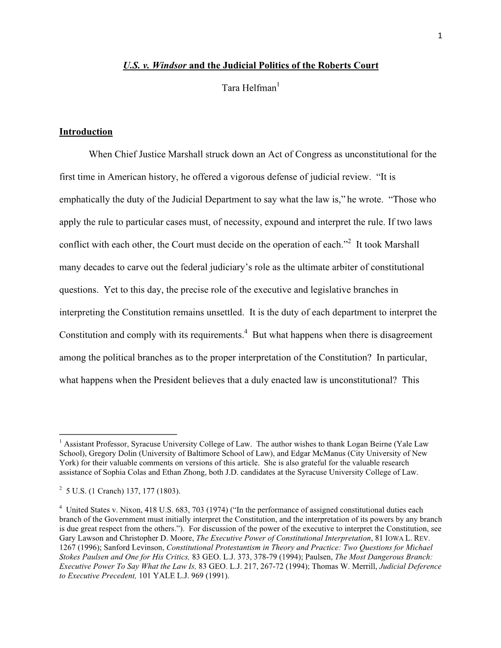 U.S. V. Windsor and the Judicial Politics of the Roberts Court Tara