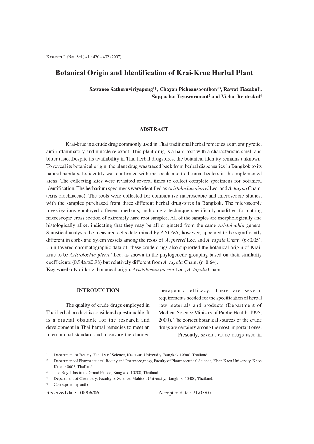 Botanical Origin and Identification of Krai-Krue Herbal Plant