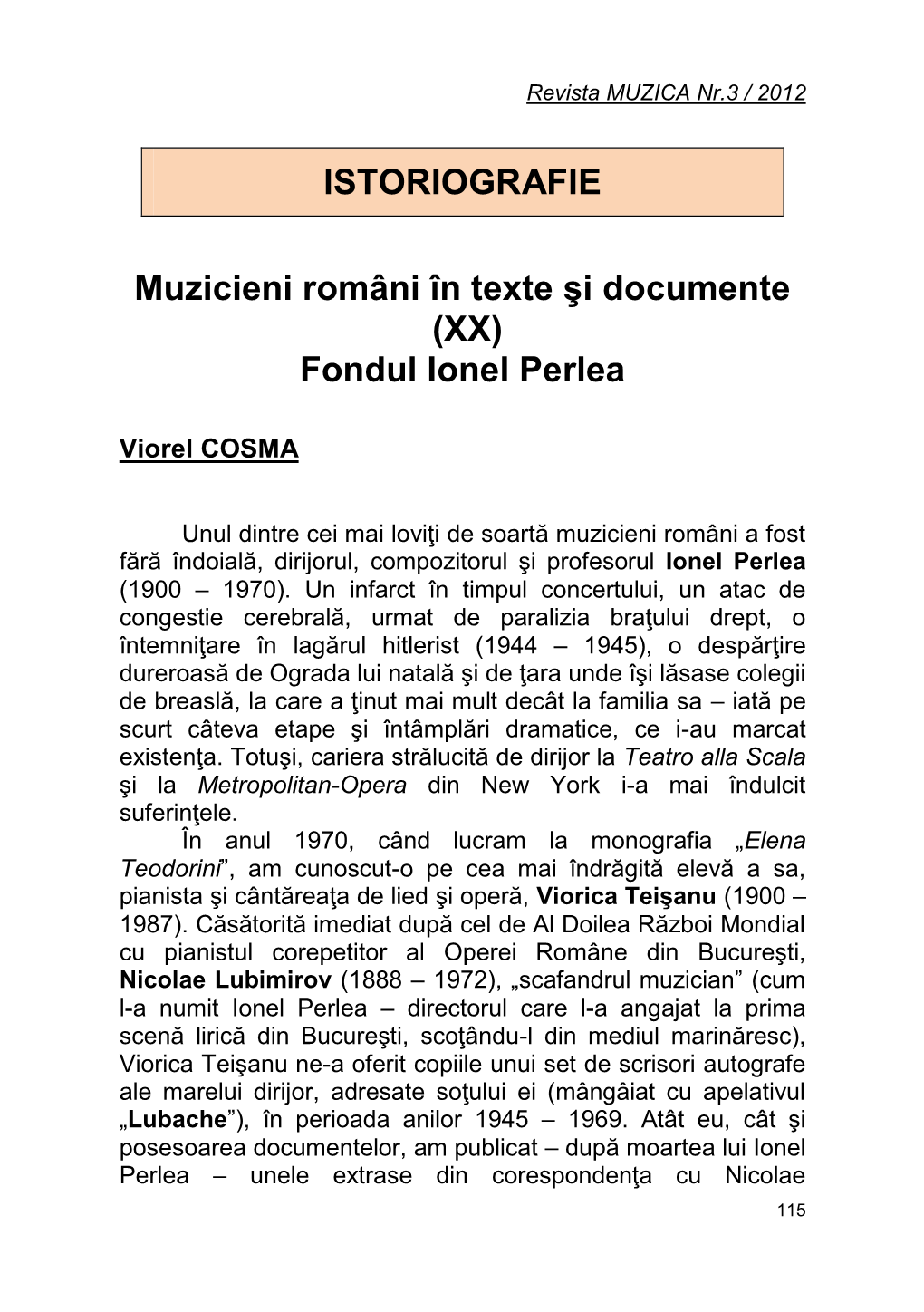 Muzicieni Români În Texte Și Documente (XX). Fondul Ionel Perlea