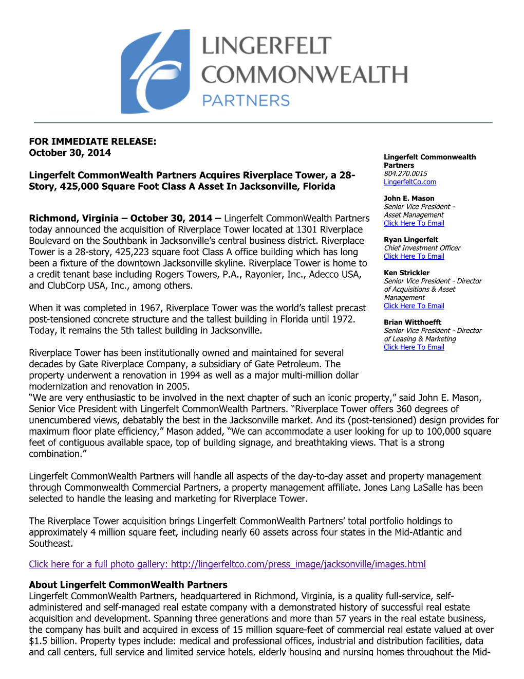 FOR IMMEDIATE RELEASE: Lingerfelt Commonwealth Partners