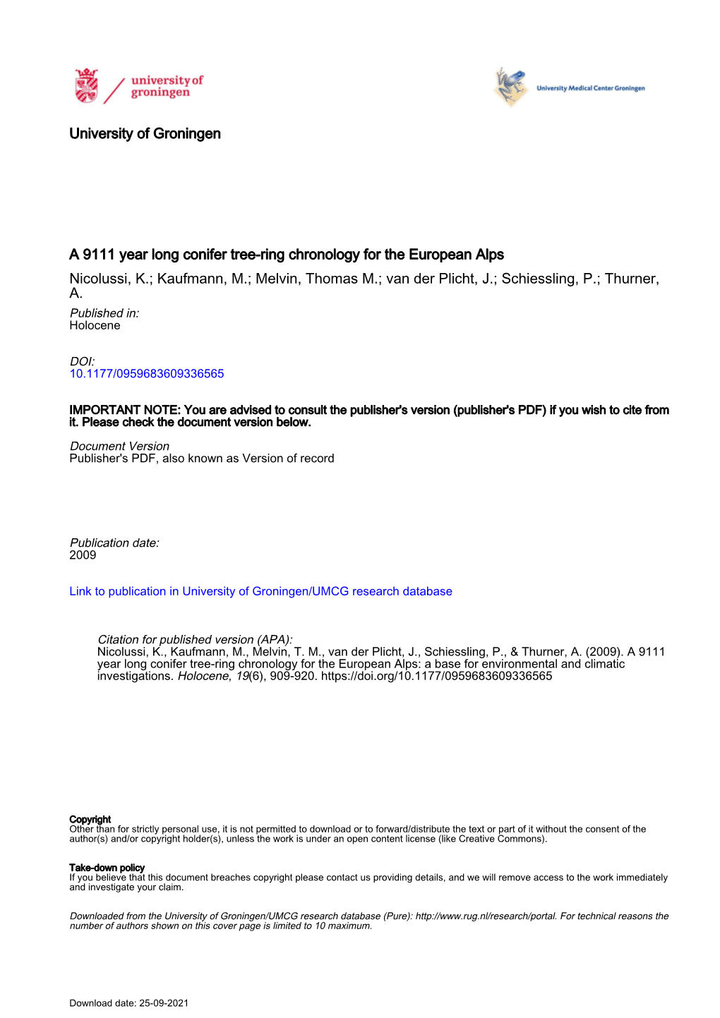 University of Groningen a 9111 Year Long Conifer Tree-Ring Chronology For