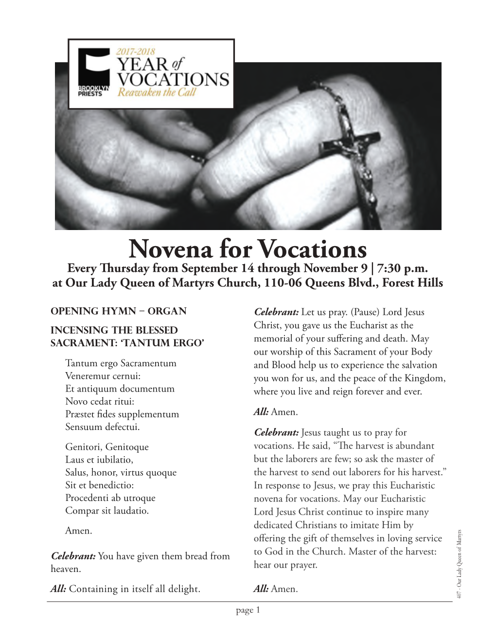 Novena for Vocations Every Thursday from September 14 Through November 9 | 7:30 P.M