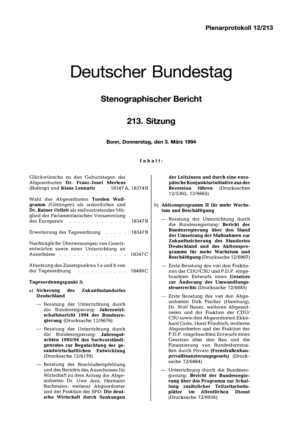 Stenographischer Bericht 213. Sitzung