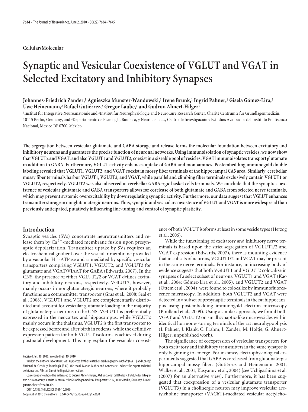 Synaptic and Vesicular Coexistence of VGLUT and VGAT in Selected Excitatory and Inhibitory Synapses