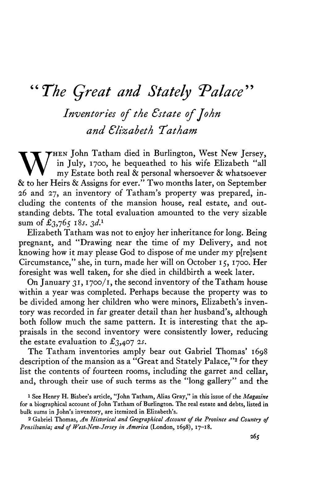 "The Great and Stately Palace" Inventories of the Estate of John and Elizabeth Tatham
