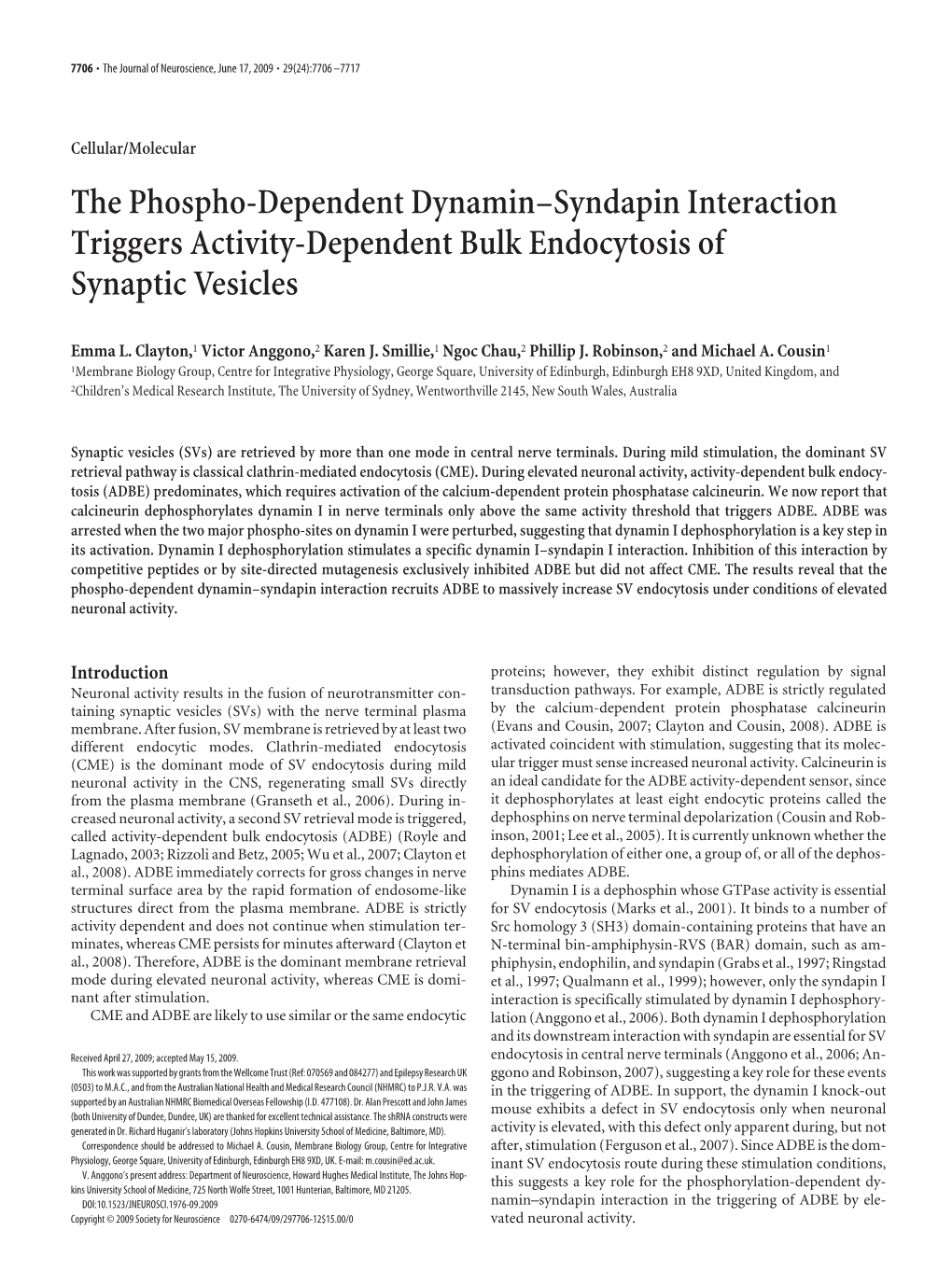 The Phospho-Dependent Dynamin–Syndapin Interaction Triggers Activity-Dependent Bulk Endocytosis of Synaptic Vesicles