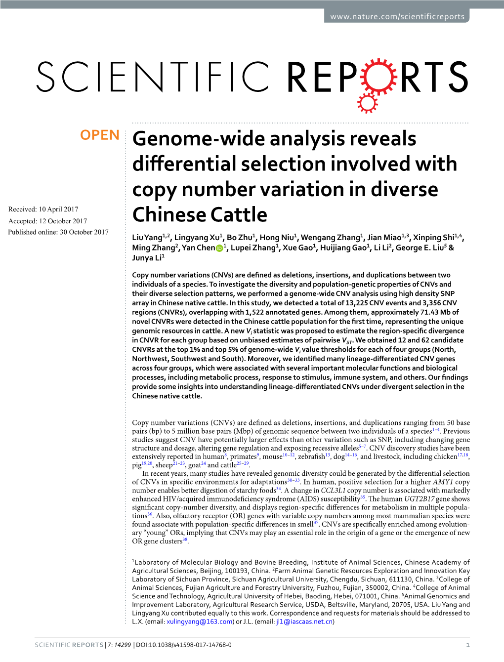 Genome-Wide Analysis Reveals Differential Selection Involved with Copy Number Variation in Diverse Chinese Cattle