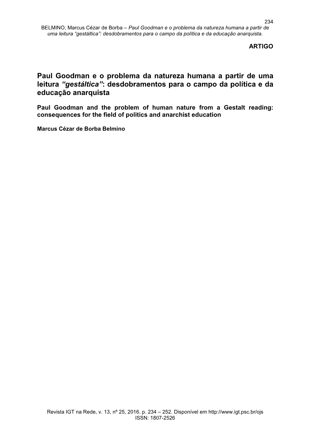 Paul Goodman E O Problema Da Natureza Humana a Partir De Uma Leitura “Gestáltica”: Desdobramentos Para O Campo Da Política E Da Educação Anarquista