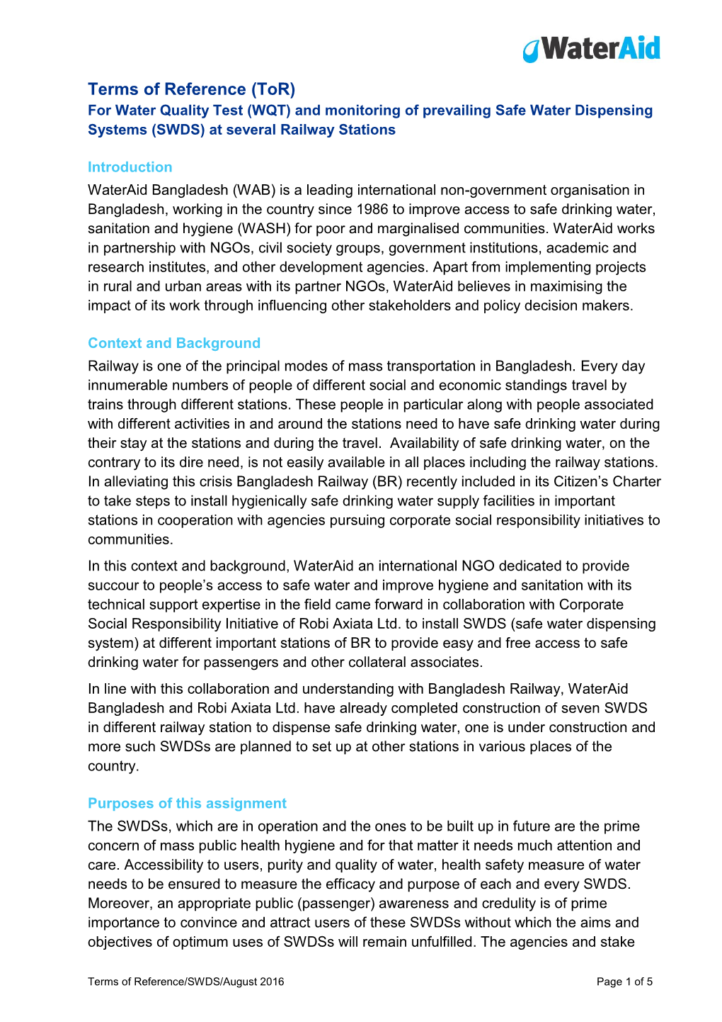 Tor) for Water Quality Test (WQT) and Monitoring of Prevailing Safe Water Dispensing Systems (SWDS) at Several Railway Stations