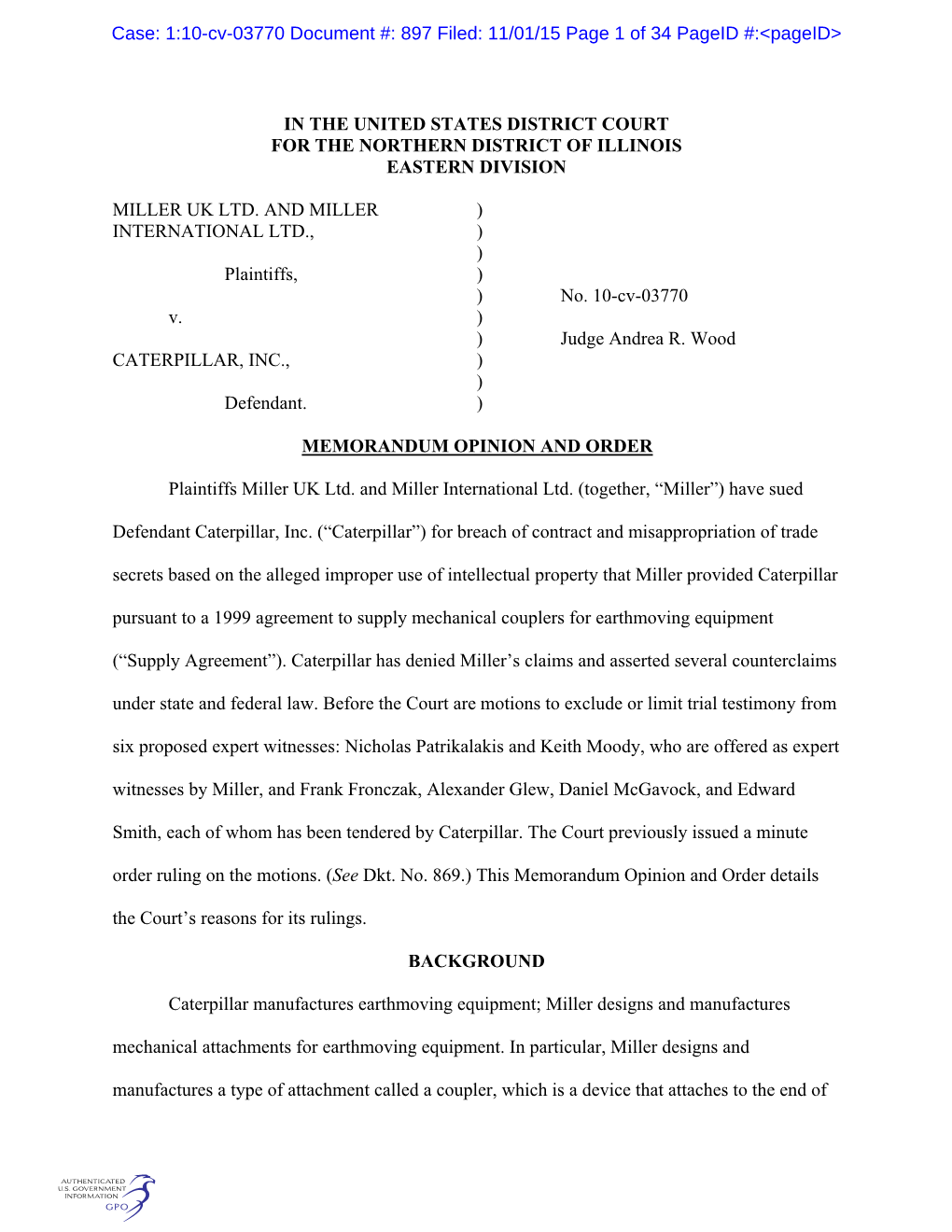 1:10-Cv-03770 Document #: 897 Filed: 11/01/15 Page 1 of 34 Pageid