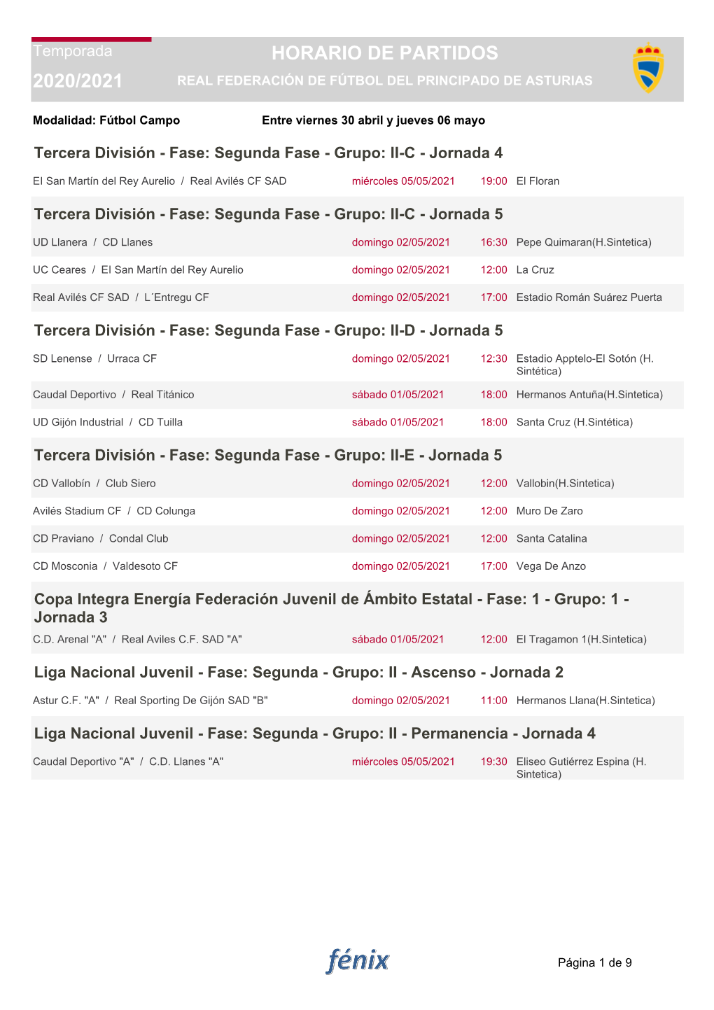 2020/2021 Horario De Partidos