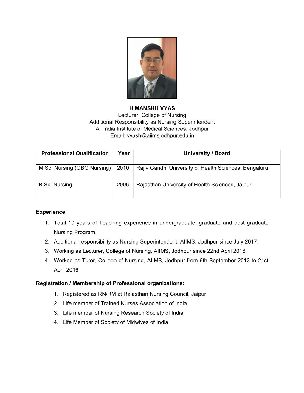HIMANSHU VYAS Lecturer, College of Nursing Additional Responsibility