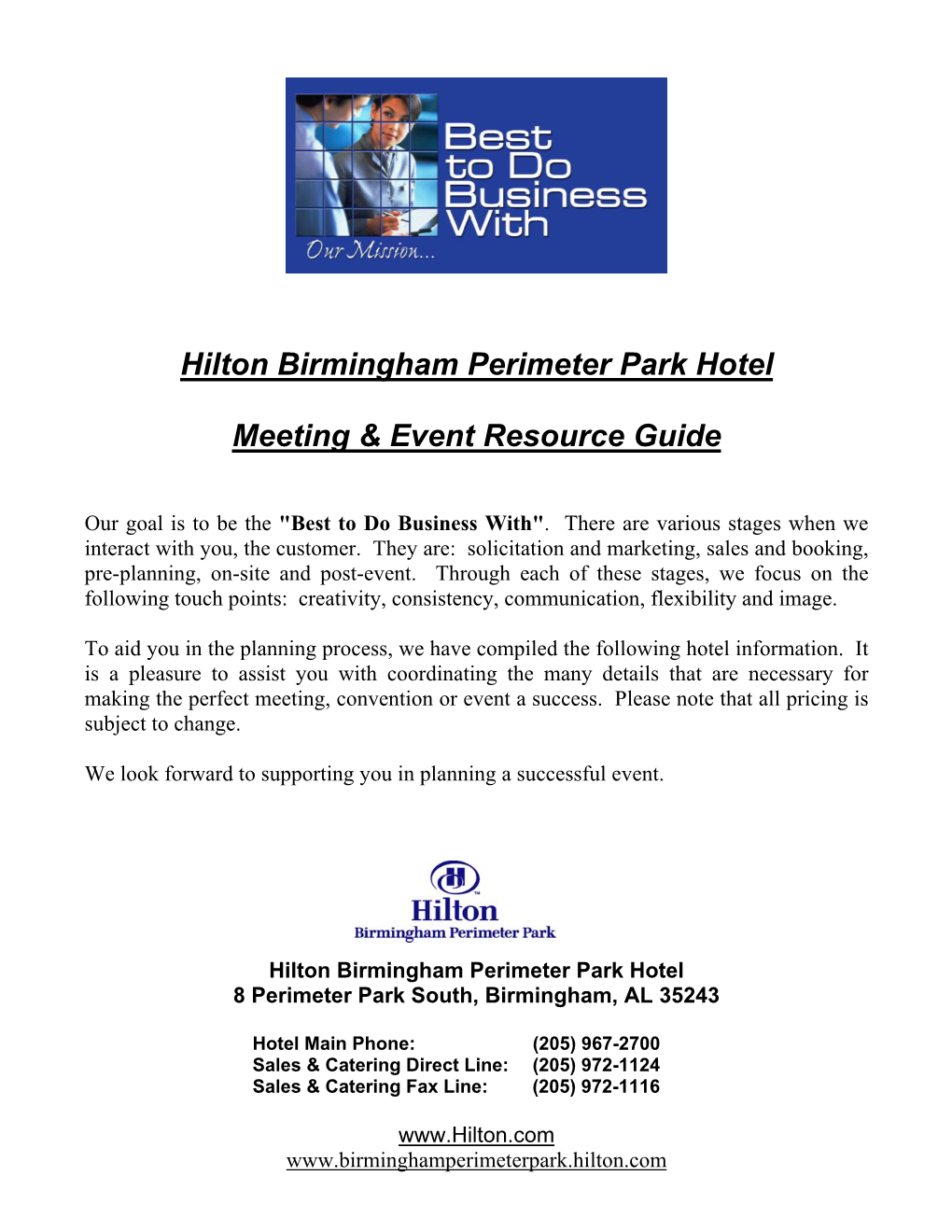 Hilton Birmingham Perimeter Park Hotel Meeting & Event Resource Guide